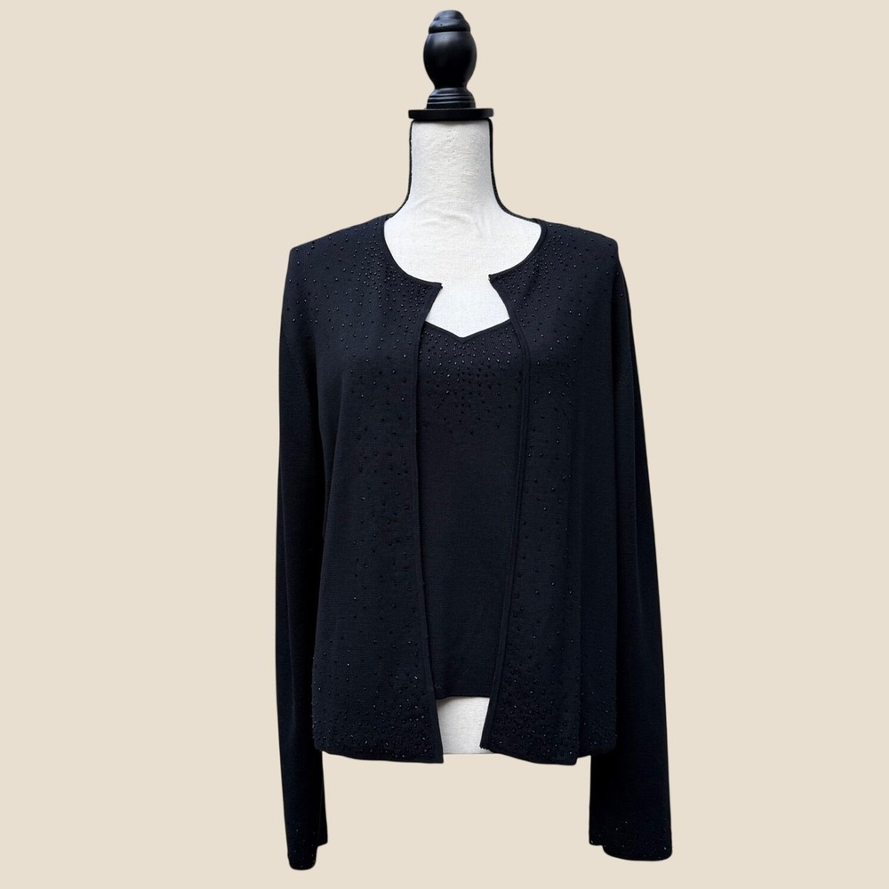 Rena Rowan Silk Blend Beaded Twin Set Cardigan Tank Black XL
